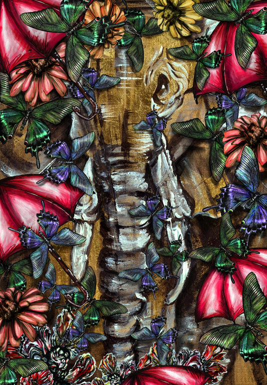 Elephant With Red Umbrellas - Fine Art Giclée Print